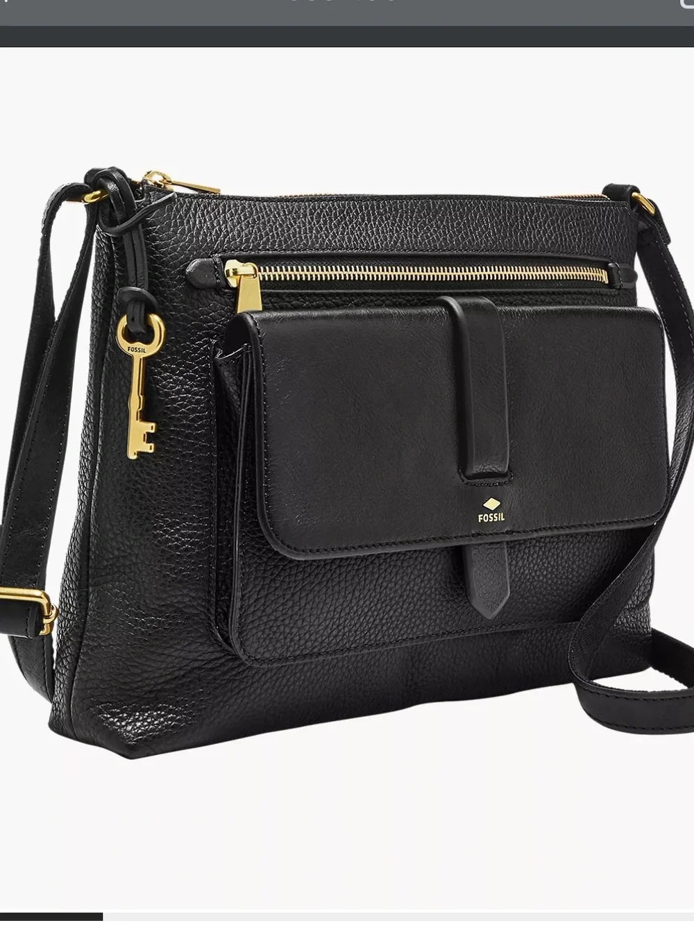 Fossil Kinley black pebbled leather crossbody bag multi pockets